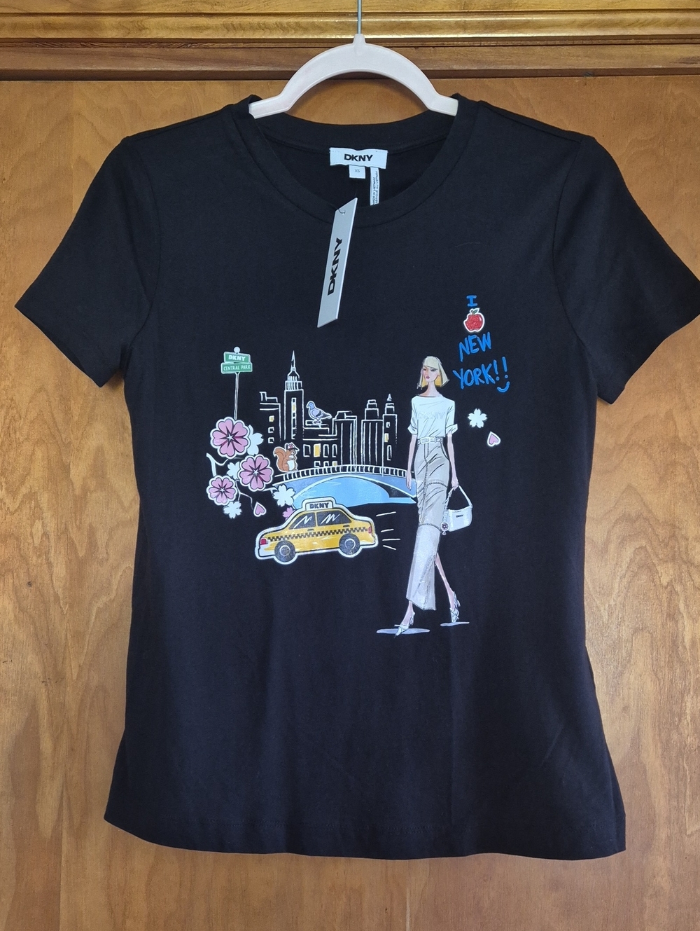 DKNY Black Graphic New York Tee with Yellow Taxi and Pastel Accents, Size XS